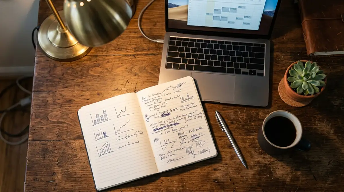 Analyst notiert MLS-Quoten in einem Notizbuch neben einem geöffneten Laptop am Schreibtisch