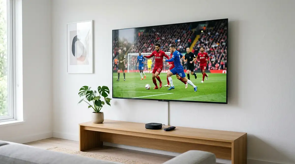 MLS-Live-Übertragung läuft auf einem Smart-TV in einem modernen Wohnzimmer