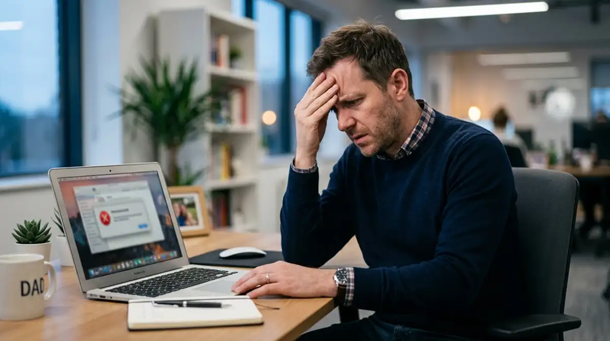 Person blickt frustriert auf einen Laptop mit Fehlermeldung am Tisch