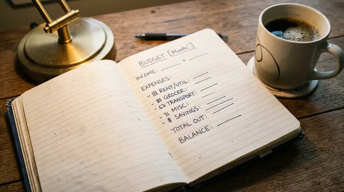 Bankroll-Plan in einem Notizbuch neben einer Tasse Kaffee
