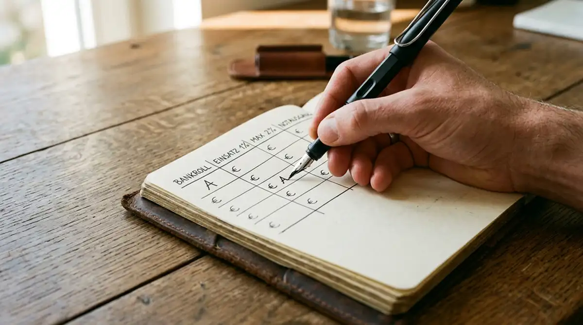 Notizbuch mit handschriftlich notierter Bankroll-Routine als Grundlage für Einsatzdisziplin