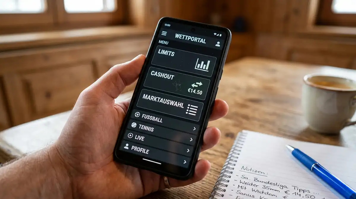 Mobile App eines Wettanbieters mit Limits, Cashout und Marktauswahl als Auswahlkriterien