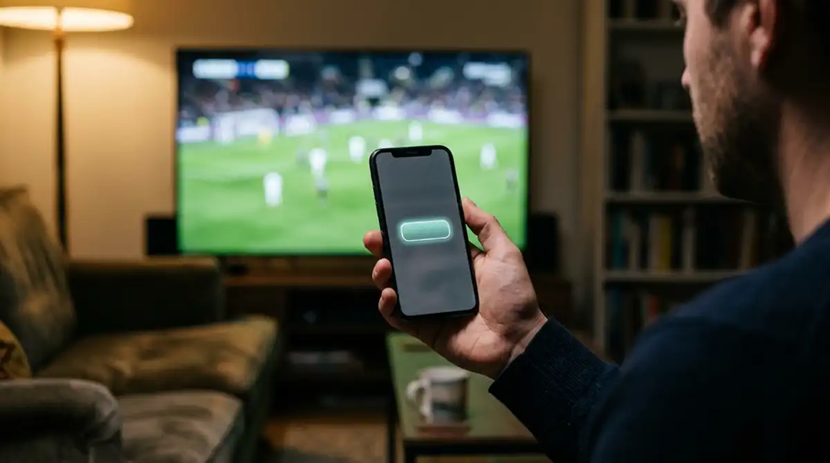 Wettender hält ein Smartphone mit Cashout-Funktion vor einem laufenden MLS-Spiel