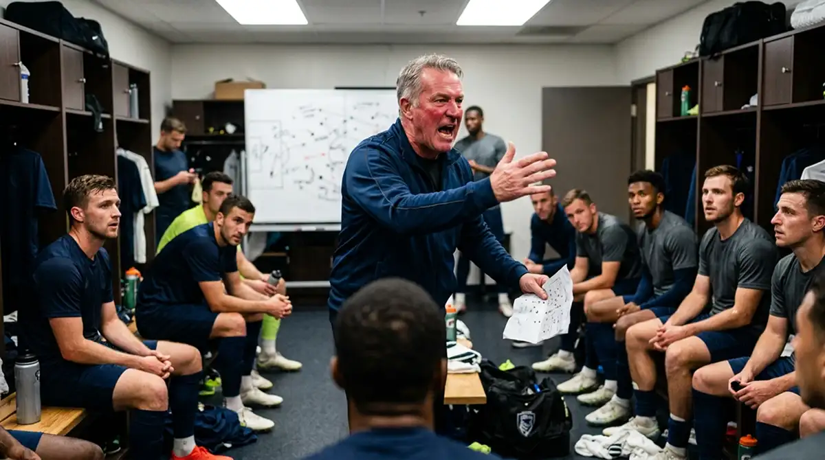 MLS-Trainer spricht in der Halbzeit zur Mannschaft in der Kabine