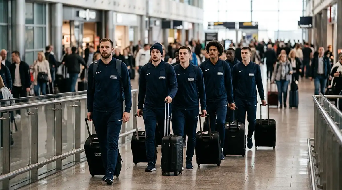 MLS-Mannschaft mit Koffern in einer Wartezone am Umsteigeflughafen