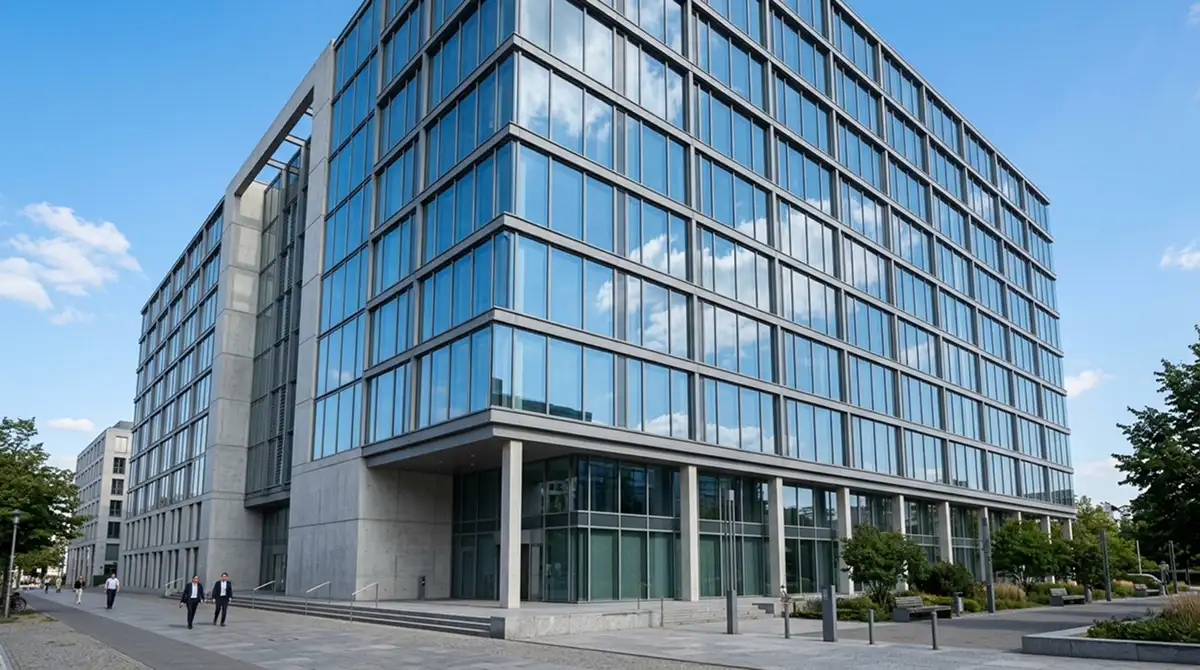 Bürogebäude einer deutschen Aufsichtsbehörde mit Glasfassade an einem klaren Tag