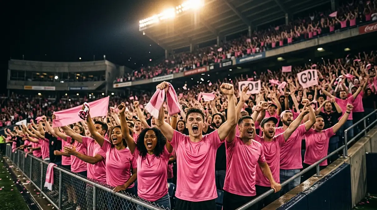 Fans an der Ostküste tragen pinkfarbene Soccer-Trikots im Stadion