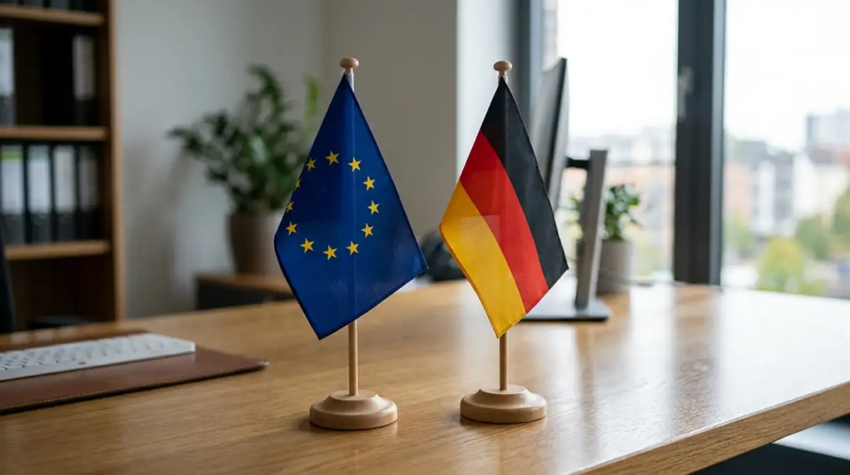 EU-Flagge neben deutscher Flagge als Symbol für unterschiedliche Lizenzräume
