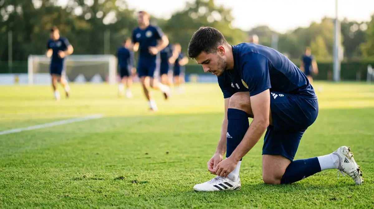 Nationalspieler in dunklem Trikot bereitet sich auf ein internationales Spiel vor
