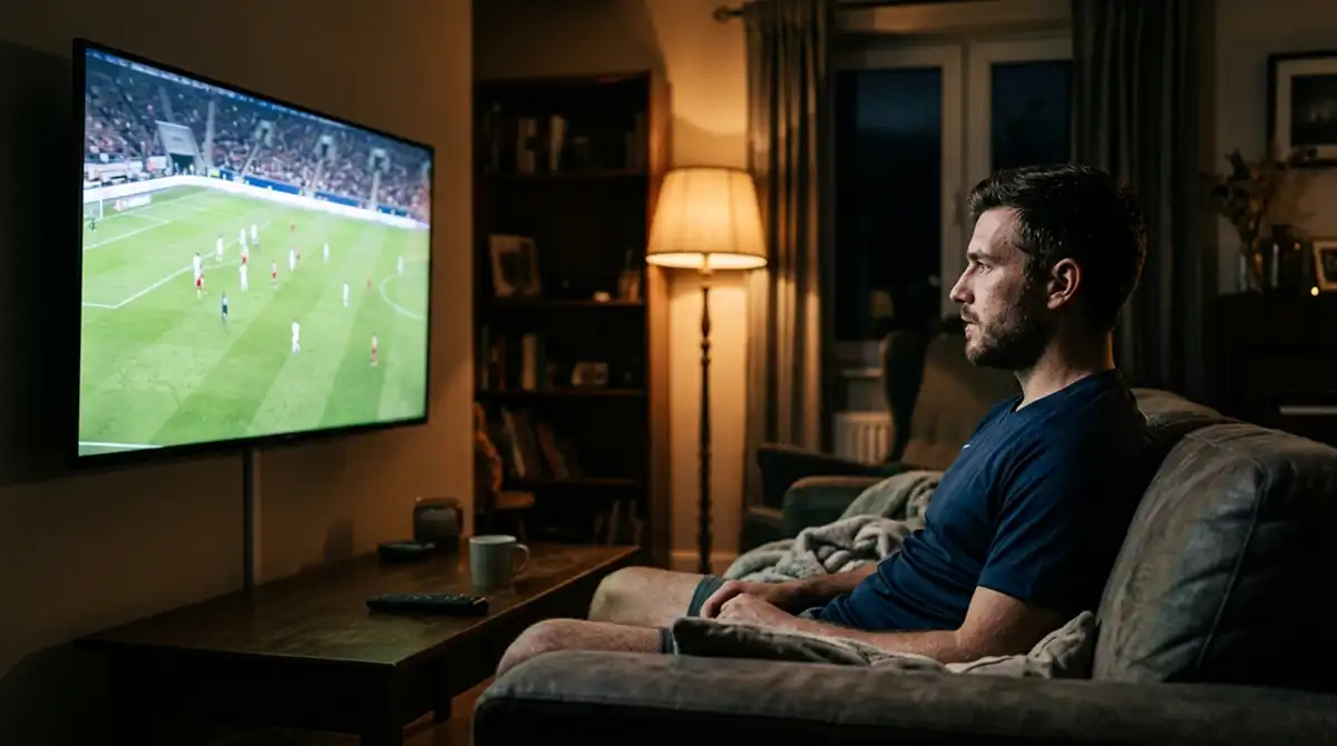 Fan verfolgt ein MLS-Spiel mit konzentriertem Blick auf einen Bildschirm