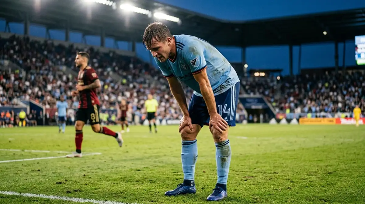 Erschöpfter MLS-Spieler stützt die Hände auf die Knie nach intensivem Spielzug