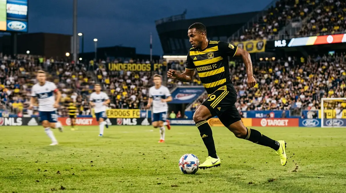 MLS-Außenseiter-Spieler im Trikot trifft den Ball in einer Konterszene