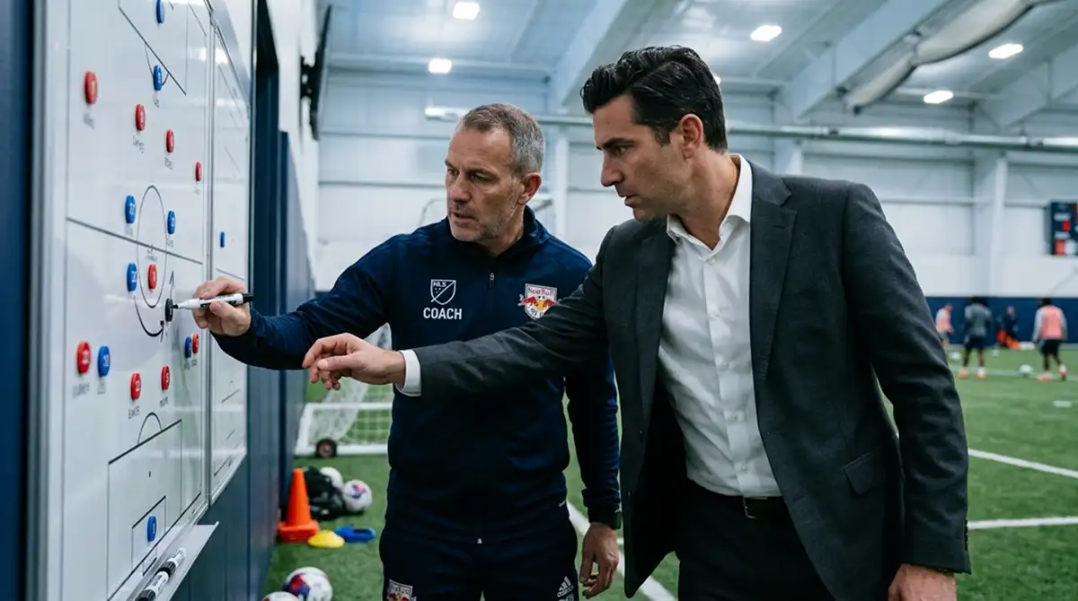 MLS-Trainer und Manager besprechen Aufstellungspläne an einer Taktiktafel