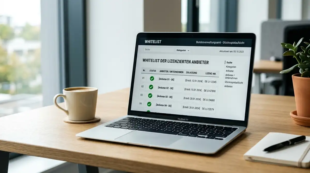 Laptop-Bildschirm mit Whitelist-Übersicht zur Prüfung einer GGL-Lizenz