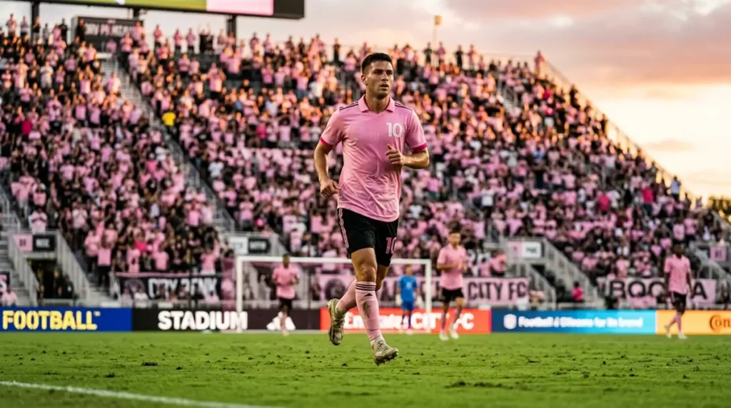 Inter Miami CF Spieler im rosa Heimtrikot vor voller Tribüne im Chase Stadium