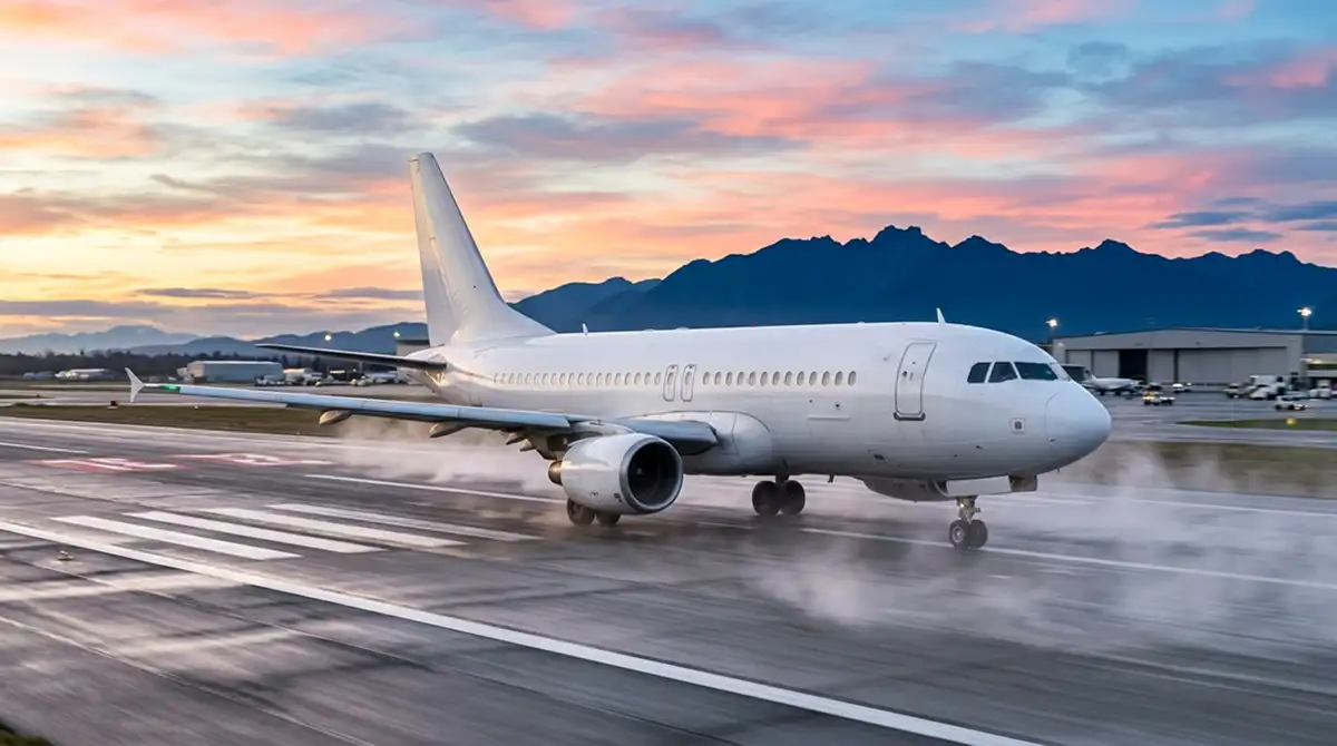 Großes Verkehrsflugzeug der Charterklasse beim Start auf einer nordamerikanischen Landebahn