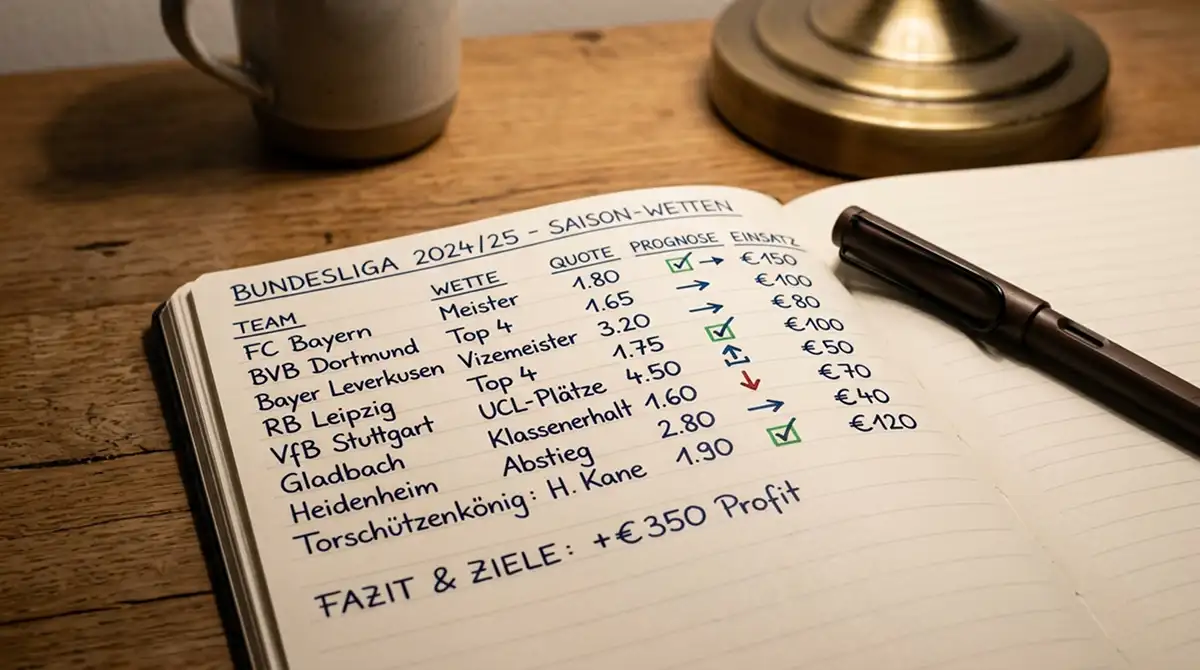 Notizbuch mit handschriftlichen Langzeitwetten-Notizen und Saisonprognose