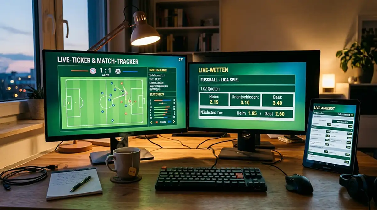 Mehrere Bildschirme mit Live-Quoten und Match-Tracker für die Auswahl eines Live-Wettanbieters