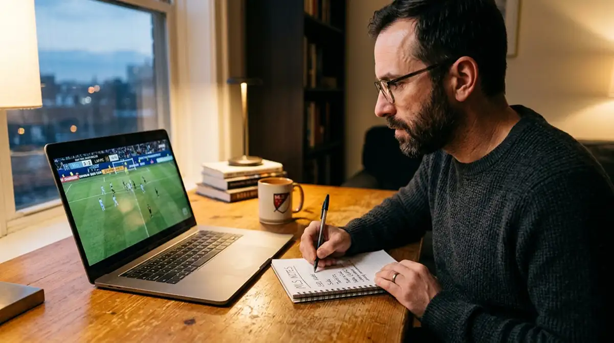 Analyst beobachtet ein laufendes MLS-Spiel auf einem Laptop am Schreibtisch