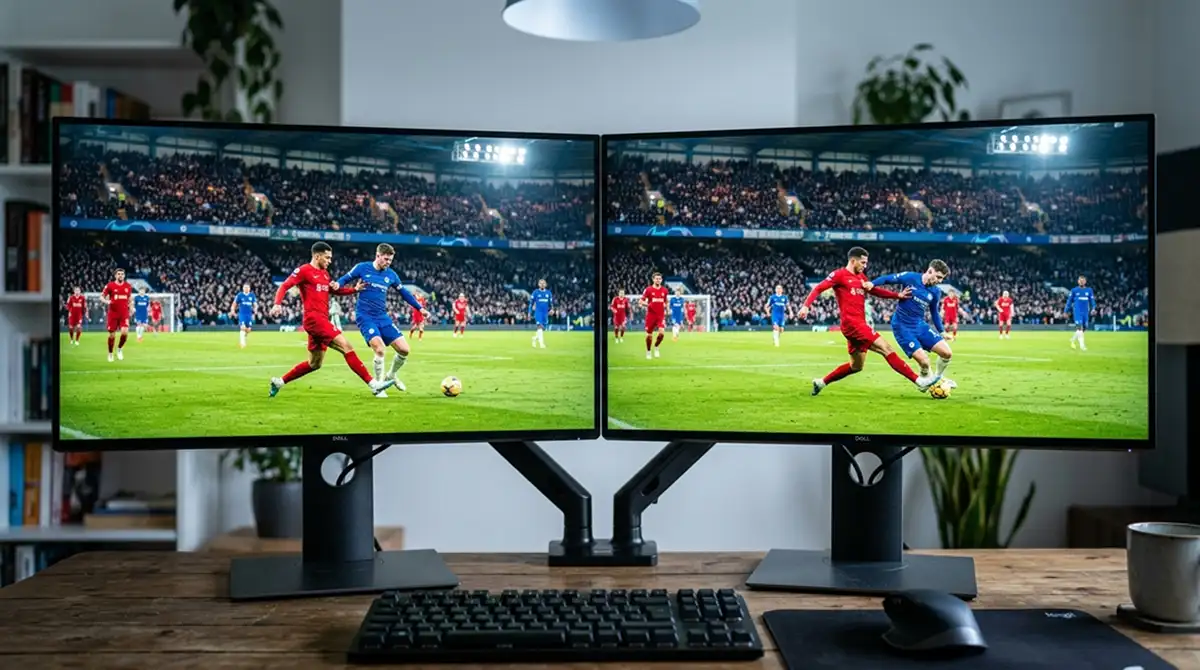 Zwei Bildschirme nebeneinander zeigen denselben Spielmoment mit leichter Zeitverschiebung