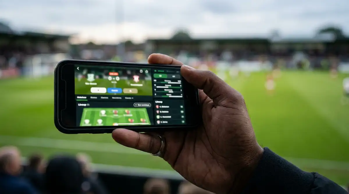 Smartphone in der Hand zeigt einen laufenden MLS-Live-Tipp am Spieltag