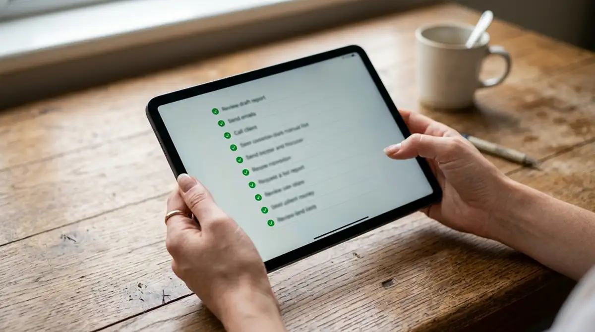 Person prüft am Tablet eine offizielle Anbieterliste mit Häkchen-Symbolen