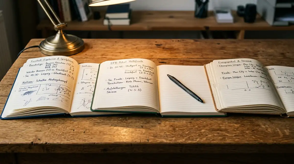 Schreibtisch mit drei aufgeklappten Notizbüchern als Symbol für manuellen Vergleich