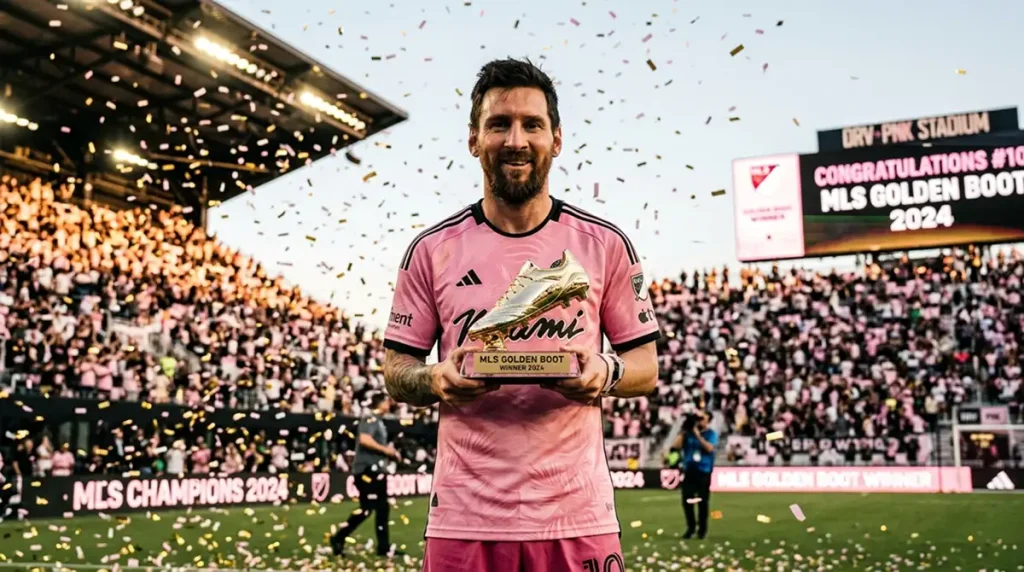 Stürmer mit MLS Golden Boot Trophäe im Inter Miami Heimtrikot nach Saisonende