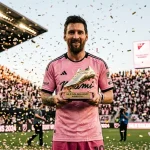 Stürmer mit MLS Golden Boot Trophäe im Inter Miami Heimtrikot nach Saisonende
