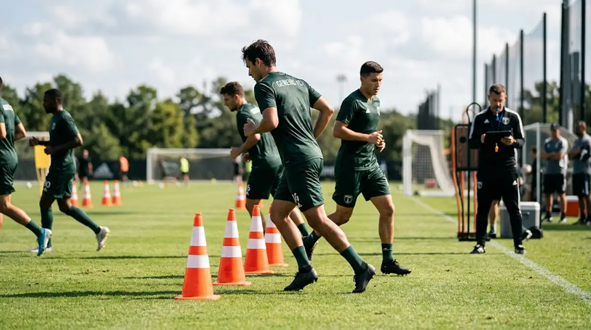 Trainingsszene eines MLS-Mittelfeld-Klubs auf einem grünen Platz