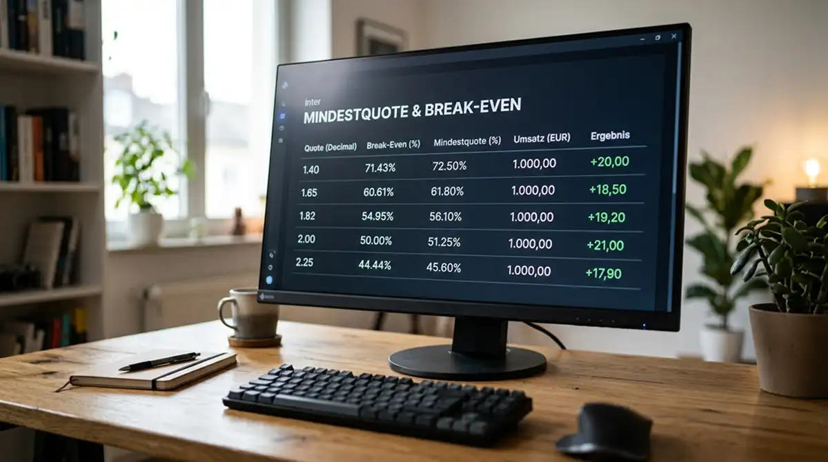 Bildschirm mit Quoten- und Break-even-Tabelle zur Veranschaulichung der Mindestquote