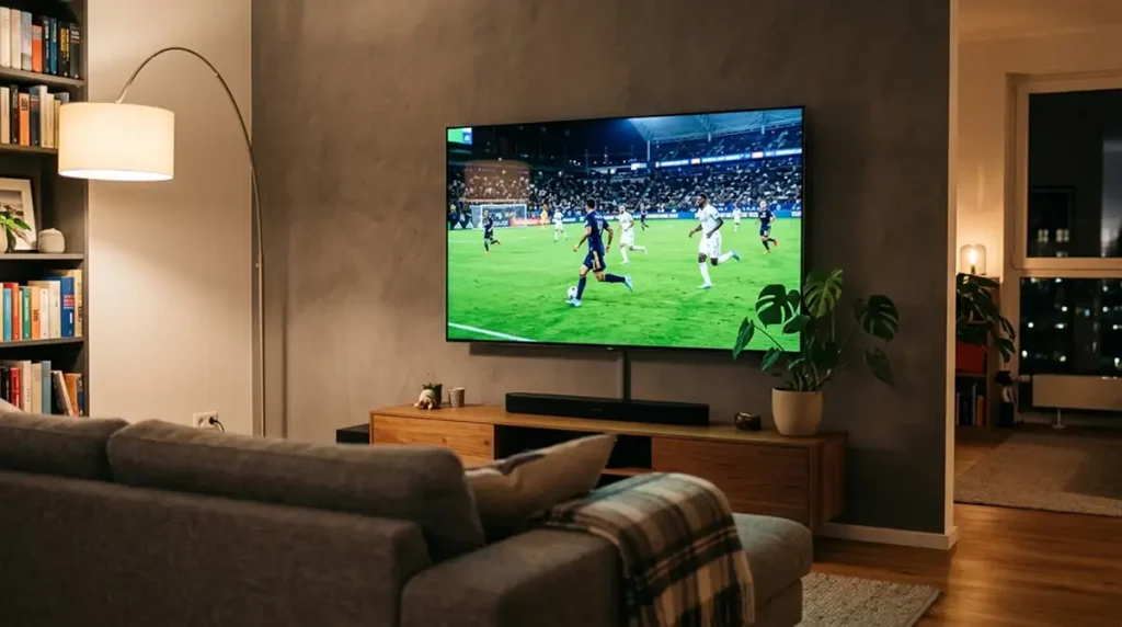 Großer Fernseher in einem deutschen Wohnzimmer zeigt ein nordamerikanisches Fußballstadion am Abend