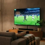 Großer Fernseher in einem deutschen Wohnzimmer zeigt ein nordamerikanisches Fußballstadion am Abend