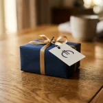 Geschenkkarton mit Eurosymbol-Etikett auf einer Holzoberfläche bei warmem Seitenlicht