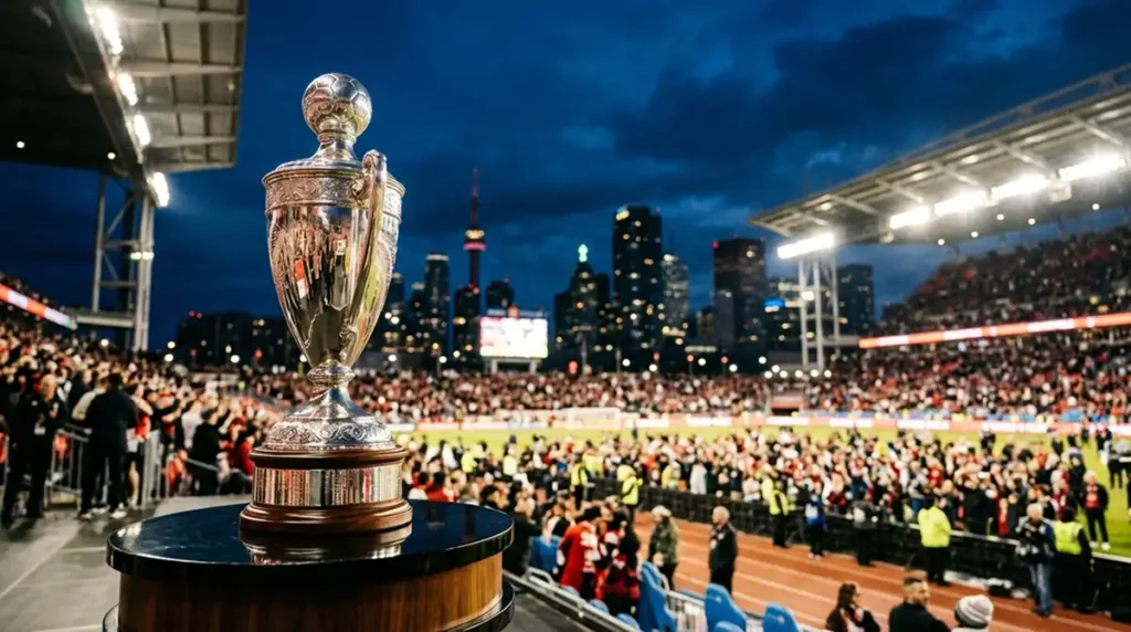 Silberne MLS Cup Trophäe vor einer beleuchteten Stadion-Skyline bei Nacht