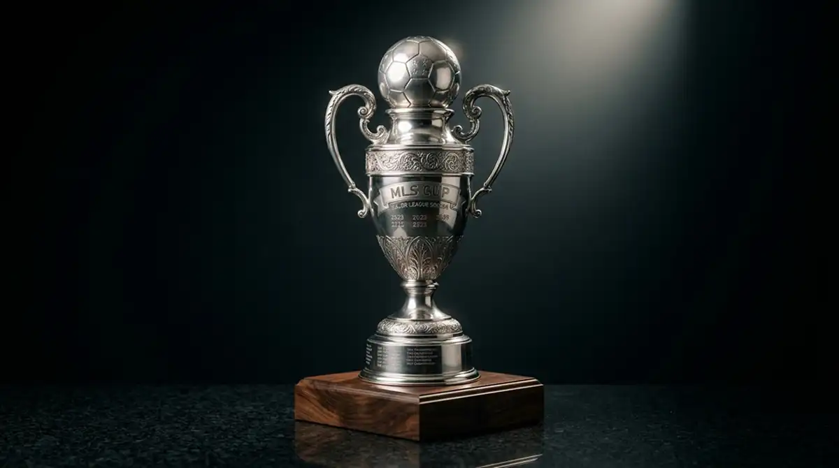 Silberne MLS Cup Trophäe im Trophäenraum eines Klubs vor dunklem Hintergrund