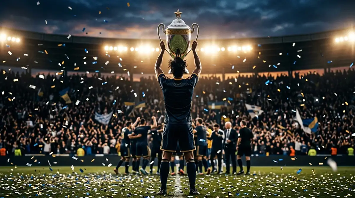 Spieler hebt die MLS-Cup-Trophäe im Konfetti-Regen