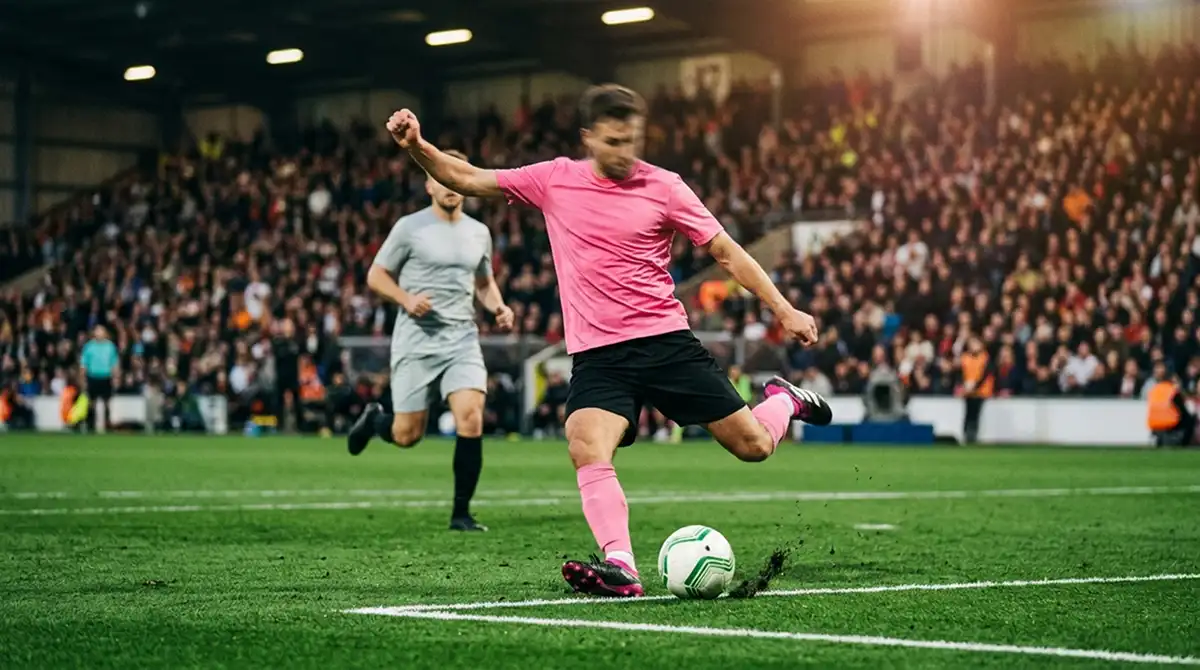MLS-Spieler im pinken Heimtrikot beim Schuss vor vollen Rängen