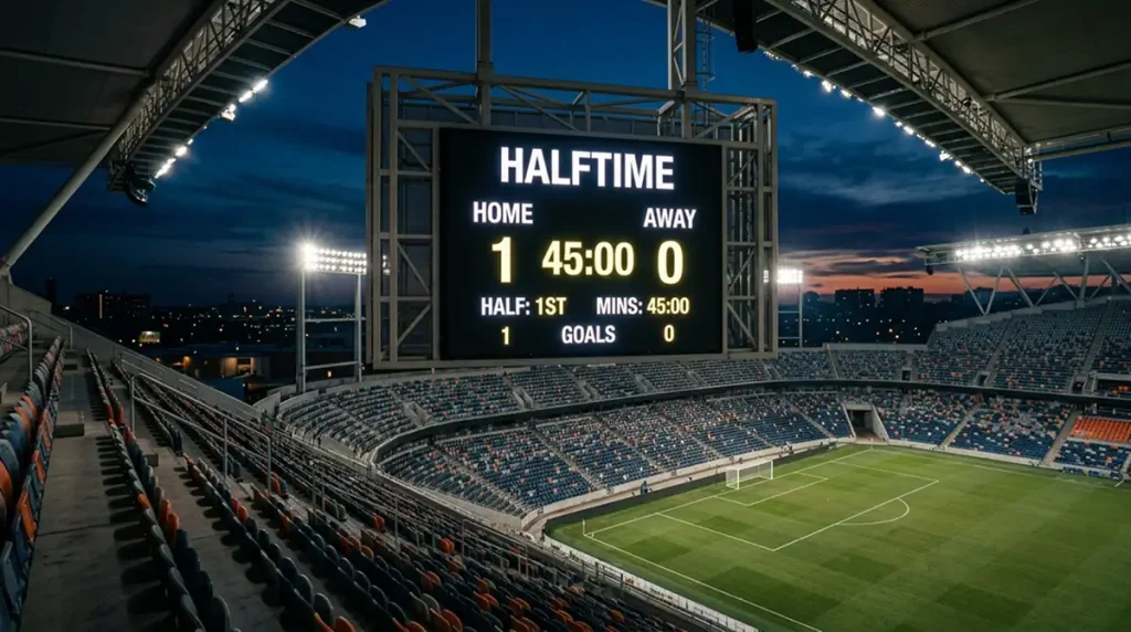 Anzeigetafel eines MLS-Stadions mit Halbzeitstand zwischen zwei Mannschaften