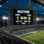 Anzeigetafel eines MLS-Stadions mit Halbzeitstand zwischen zwei Mannschaften