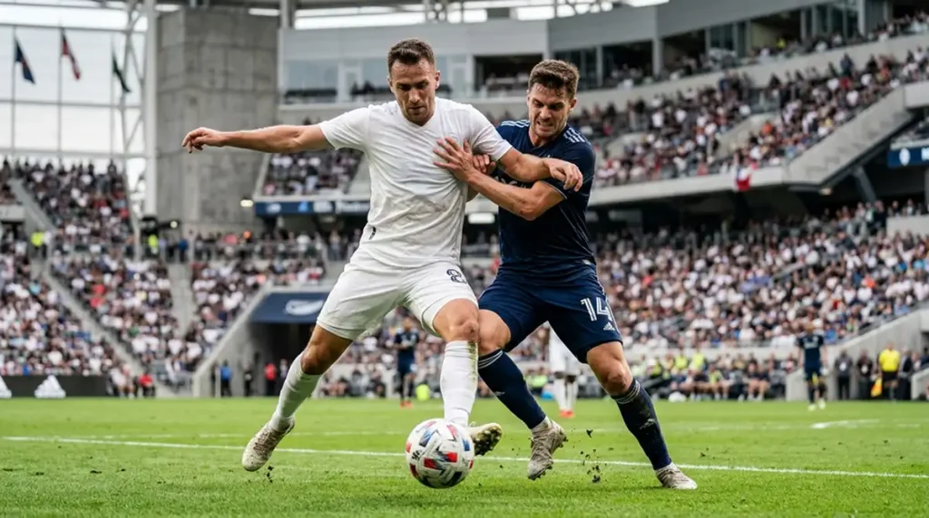 MLS-Spielszene mit Zweikampf zwischen Heim- und Auswärtsspieler