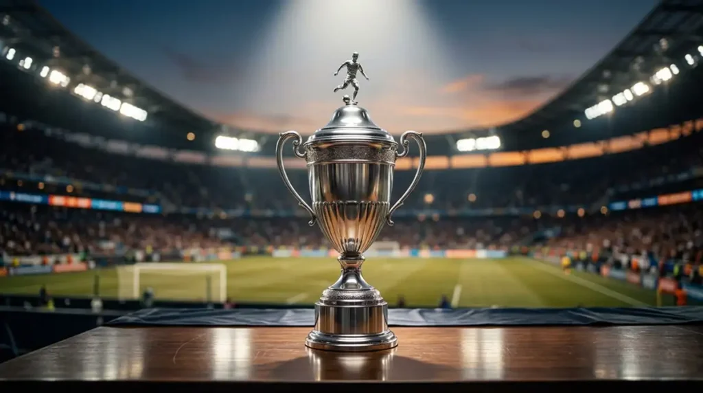 Generische silberne Soccer-Trophäe vor dunklem Stadion-Hintergrund