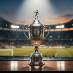 Generische silberne Soccer-Trophäe vor dunklem Stadion-Hintergrund