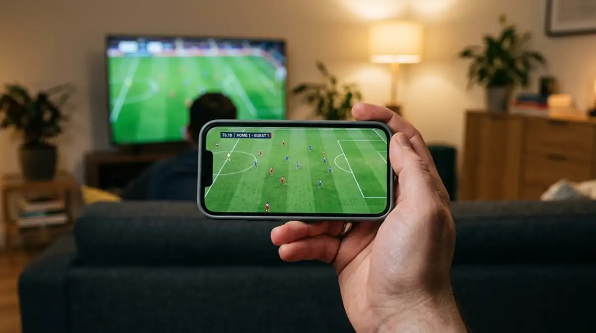 Smartphone zeigt MLS-Live-Stream mit Quotenanzeige im Hintergrund