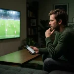 Wettender verfolgt ein MLS-Spiel auf dem Fernseher mit Smartphone in der Hand