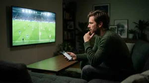 Wettender verfolgt ein MLS-Spiel auf dem Fernseher mit Smartphone in der Hand