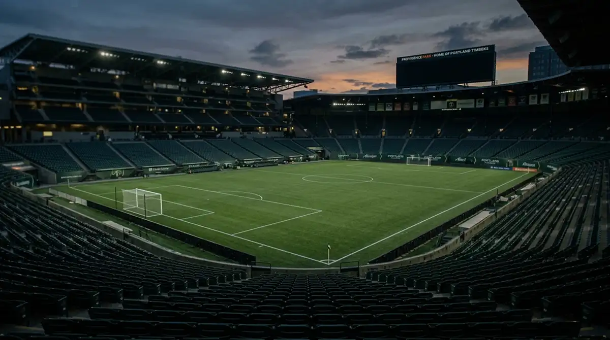 Stilles MLS-Stadion mit leerem Spielfeld und gedämpftem Licht