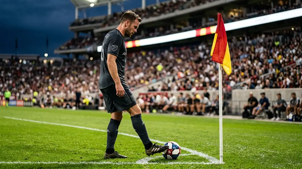 MLS-Spieler in Großaufnahme blickt fokussiert vor einem Eckball-Kick auf den Ball