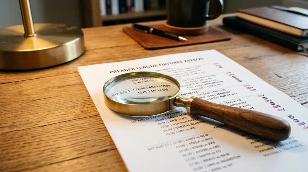 Lupe über einem gedruckten Spielplan auf einem Holzschreibtisch bei warmem Seitenlicht
