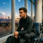 Müder MLS-Spieler an einem Stadtflughafen vor einer Auswärtsreise